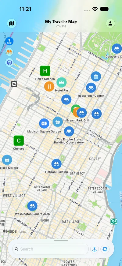 My Traveler Map with saved places in New York